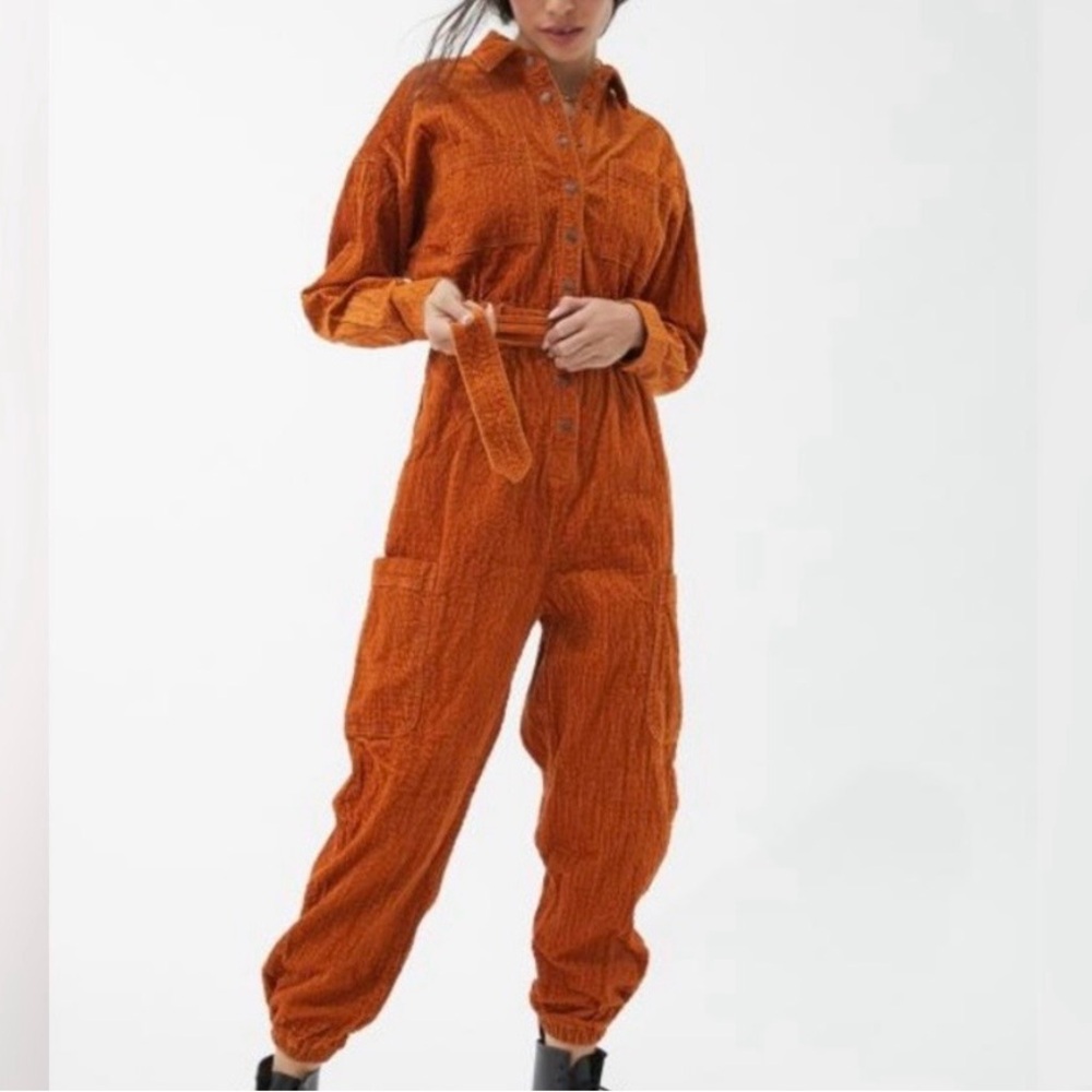 Urban Outfitters Rust Orange Corduroy Utility Jumpsuit with Tie Waist